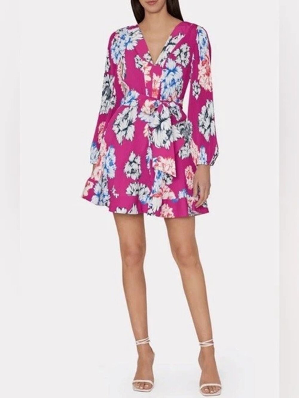 NWT MILLY LAA Liv Petals in Bloom Pleated Dress V-Neck Long Sleeve Belted 6 $395